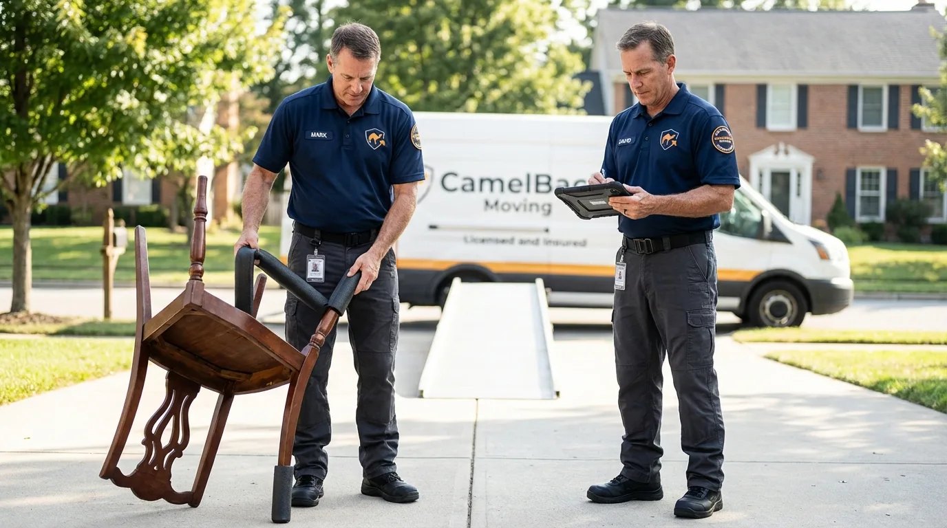 Movers inspecting furniture for damage prevention before loading in Hartsville, SC