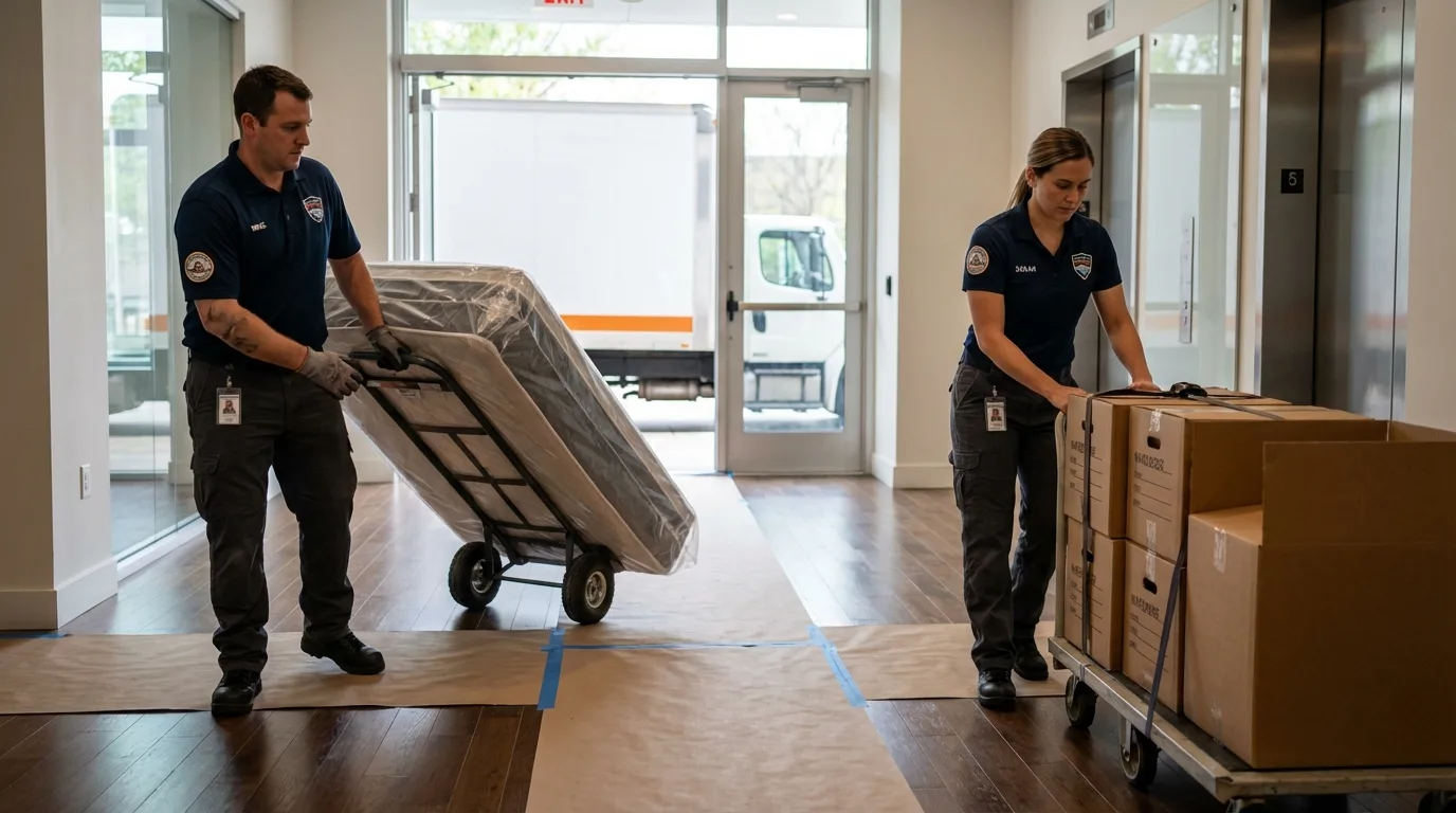 Professional apartment movers loading elevator in Hartsville, SC
